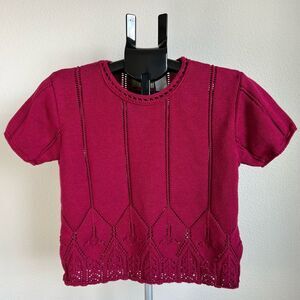 Liz Claiborne Lizwear Knit Top Short Sleeve Pink Crochet Vintage Y2K Cottagecore